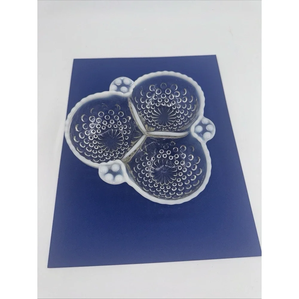 Anchor Hocking Candy Dish Hobnail Opalescent Moonstone Glass 3 Section 6.5